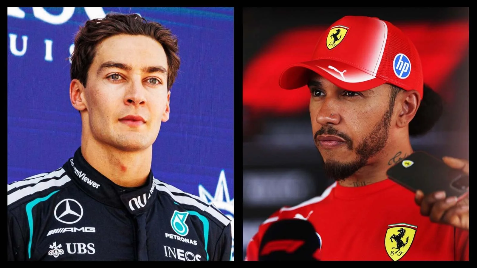 George Russell and Lewis Hamilton F1 Mercedes and Ferrari